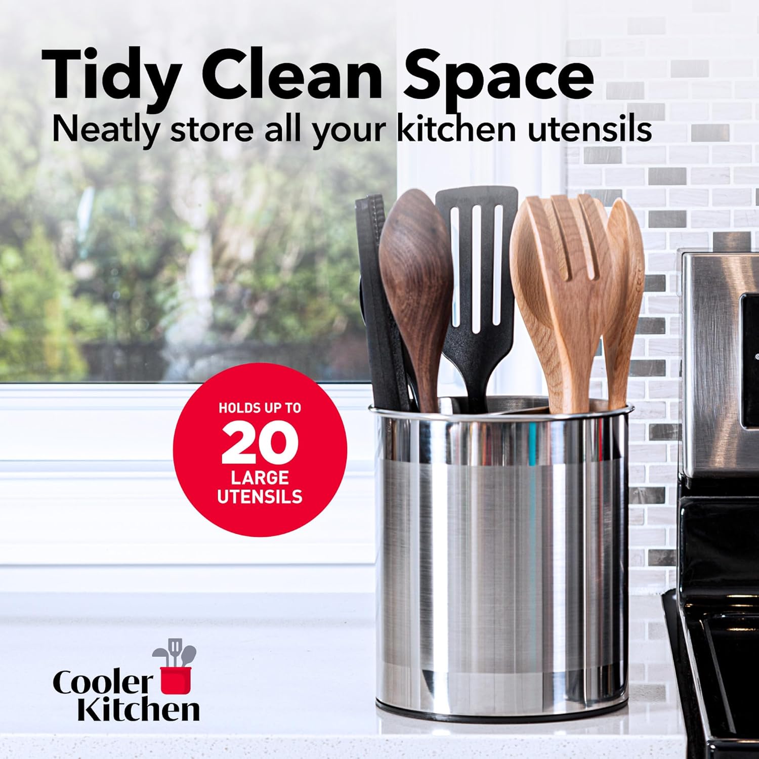 Extra Large Rotating Utensil Holder Caddy with Sturdy No-Tip Weighted Base, Removable Divider, and Gripped Insert: Metal | Rust Proof