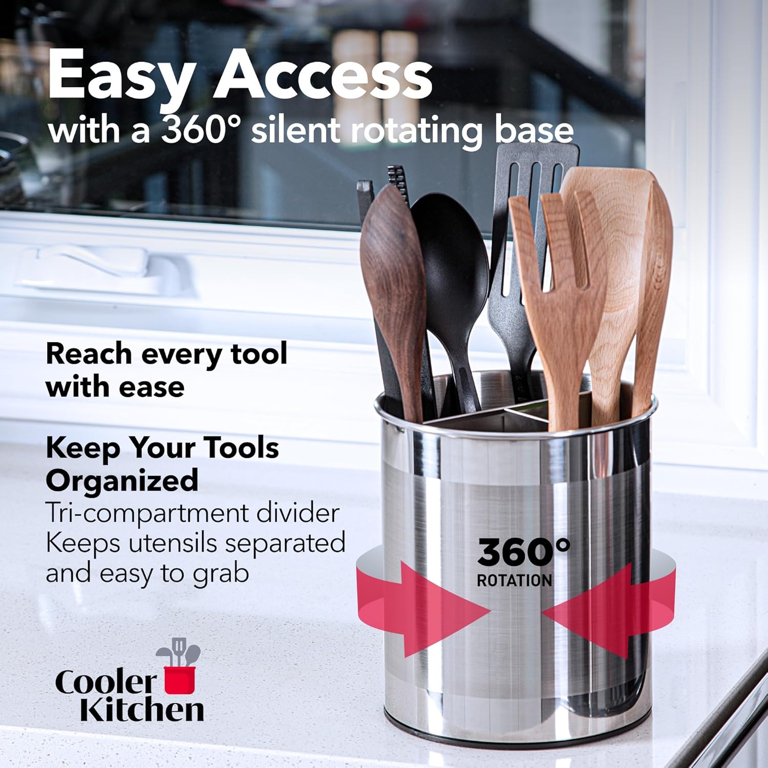 Extra Large Rotating Utensil Holder Caddy with Sturdy No-Tip Weighted Base, Removable Divider, and Gripped Insert: Metal | Rust Proof