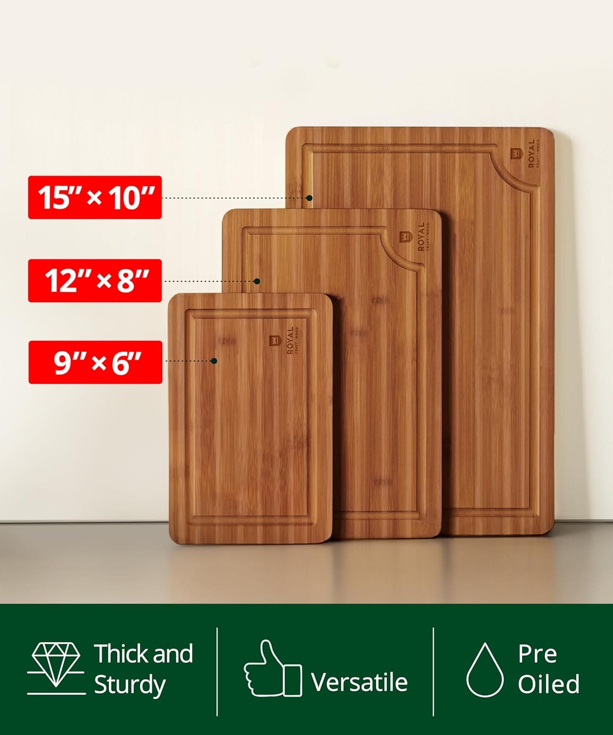 Cutting Board Set of 3, Bamboo, Brown