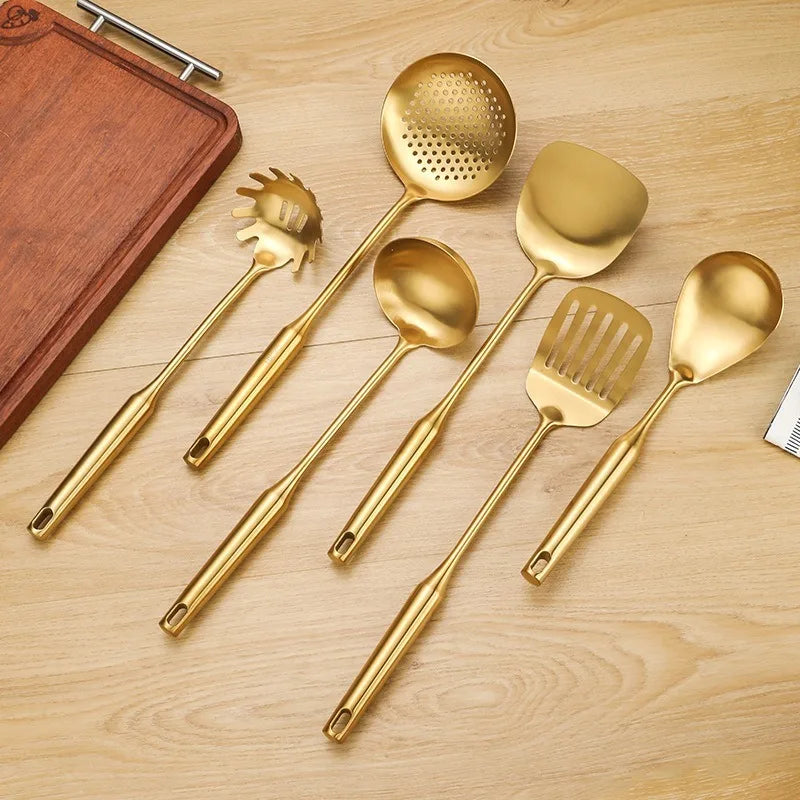 1/7Pcs Stainless Steel Kitchenware - Gold Soup Spoon Noodle Colander Hot Pot Spoon Rice Spoon Kitchen Cooking Frying Tool