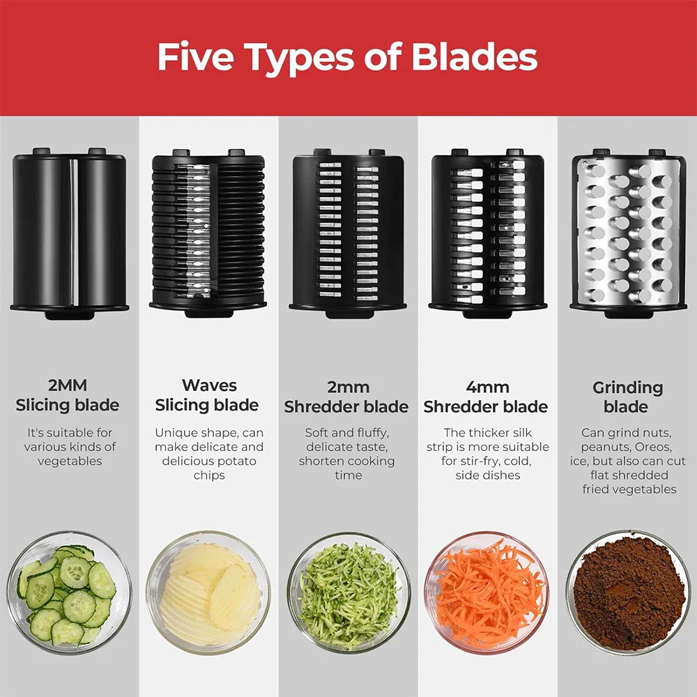 5-in-1 Electric Vegetable Slicer & Shredder 250W Automatic Salad Shooter Cheese Grater for Carrot & Cabbage