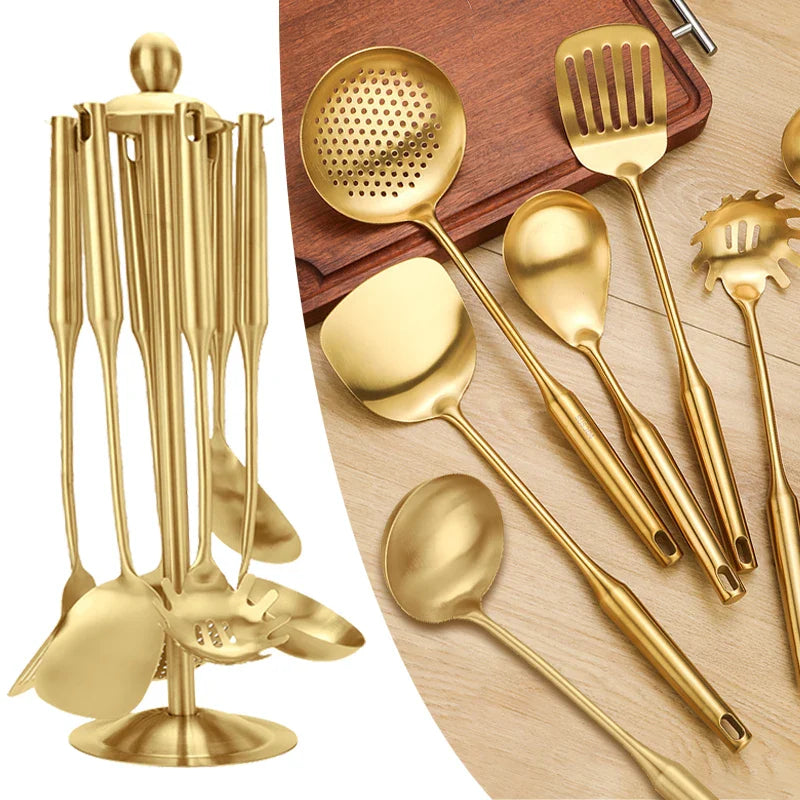 1/7Pcs Stainless Steel Kitchenware - Gold Soup Spoon Noodle Colander Hot Pot Spoon Rice Spoon Kitchen Cooking Frying Tool