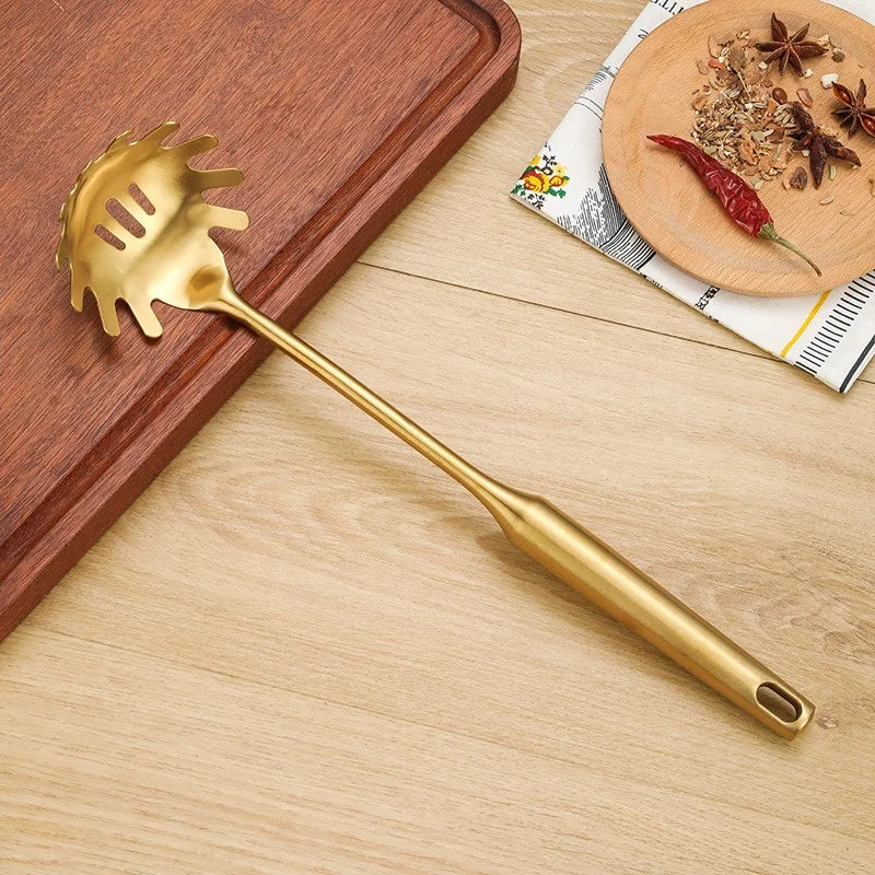 1/7Pcs Stainless Steel Kitchenware - Gold Soup Spoon Noodle Colander Hot Pot Spoon Rice Spoon Kitchen Cooking Frying Tool