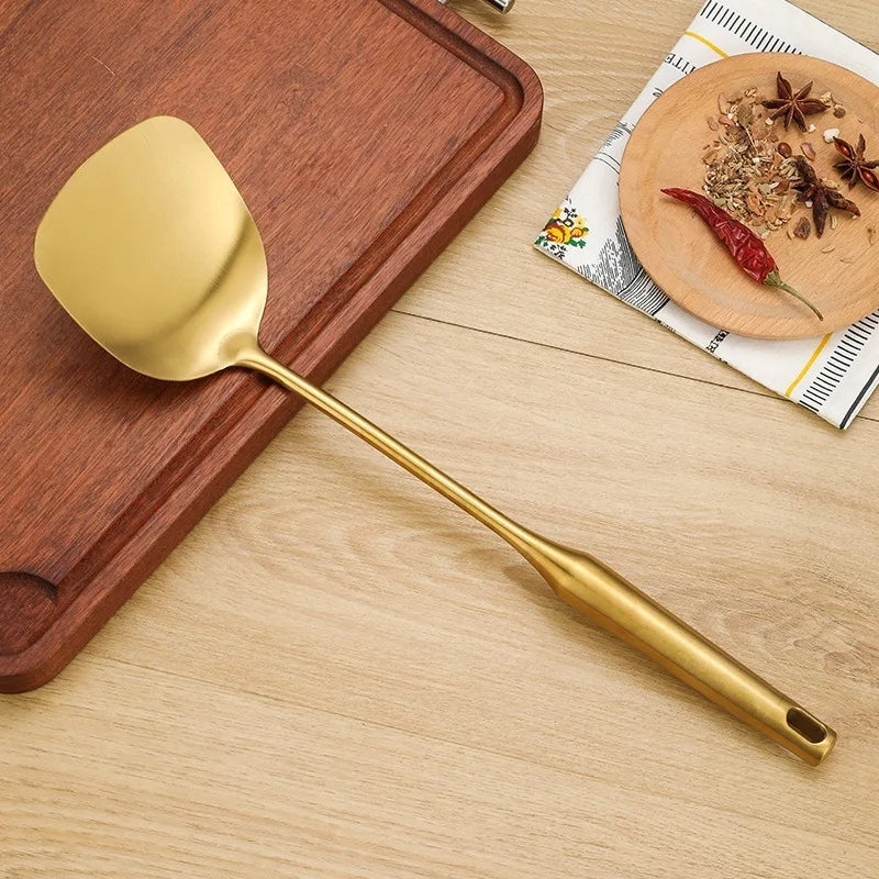 1/7Pcs Stainless Steel Kitchenware - Gold Soup Spoon Noodle Colander Hot Pot Spoon Rice Spoon Kitchen Cooking Frying Tool