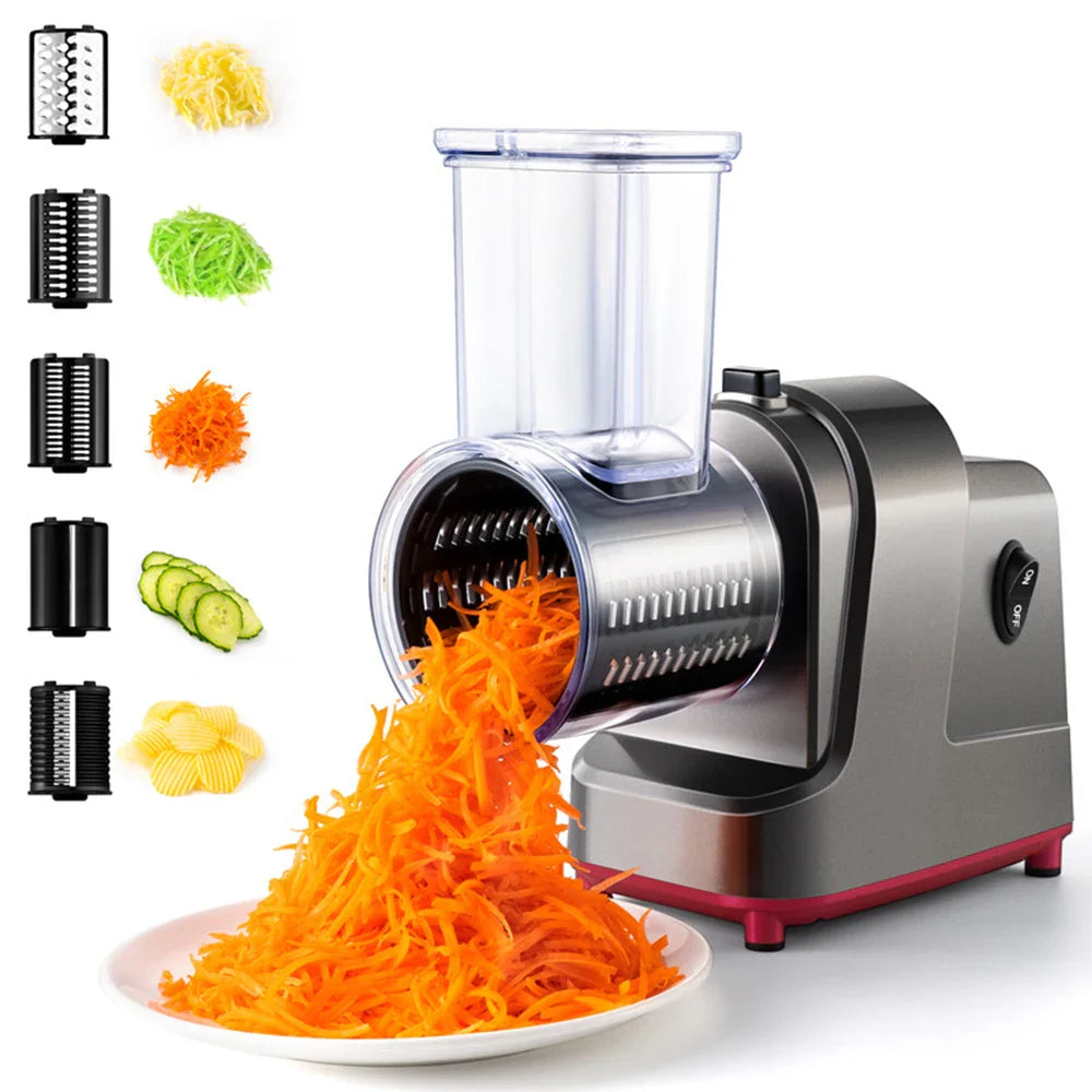 5-in-1 Electric Vegetable Slicer & Shredder 250W Automatic Salad Shooter Cheese Grater for Carrot & Cabbage