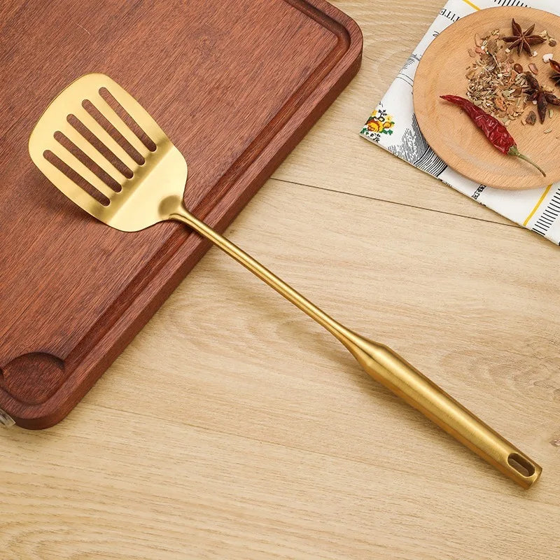 1/7Pcs Stainless Steel Kitchenware - Gold Soup Spoon Noodle Colander Hot Pot Spoon Rice Spoon Kitchen Cooking Frying Tool