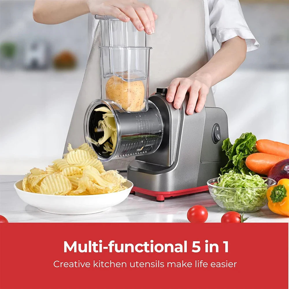 5-in-1 Electric Vegetable Slicer & Shredder 250W Automatic Salad Shooter Cheese Grater for Carrot & Cabbage