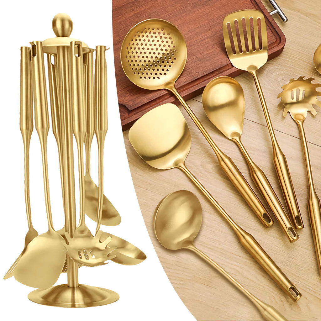 1/7Pcs Stainless Steel Kitchenware - Gold Soup Spoon Noodle Colander Hot Pot Spoon Rice Spoon Kitchen Cooking Frying Tool