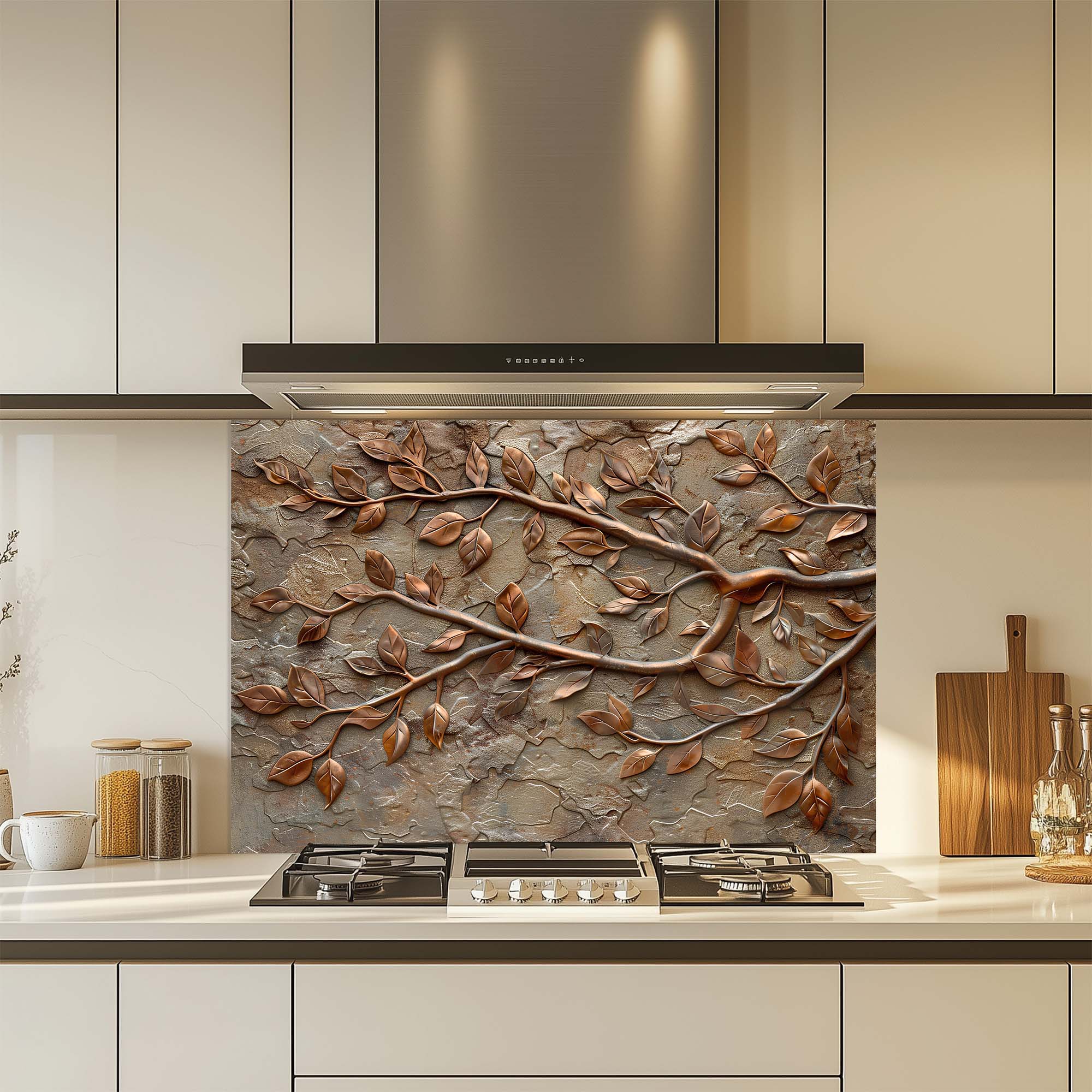 Copper Vine – Tempered Glass Backsplash for Kitchen – Copper Look Glass Backsplash