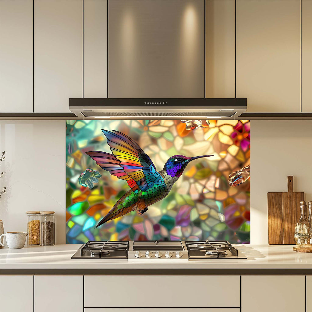 Hummingbird Harmony – Tempered Glass Kitchen Backsplash – Stained Glass Look Splashback
