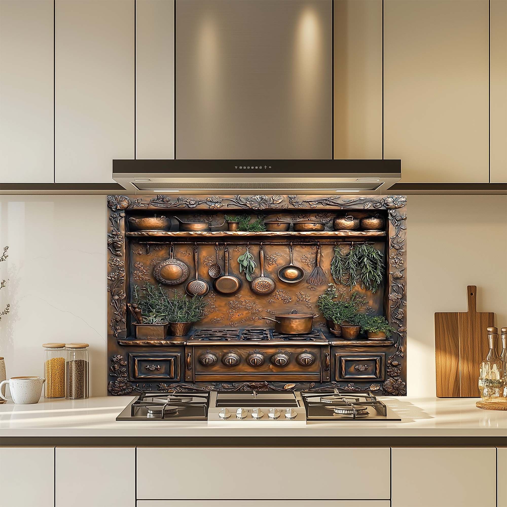 Herbal Charm – Tempered Glass Backsplash for Stove | Copper Look Glass Backsplash