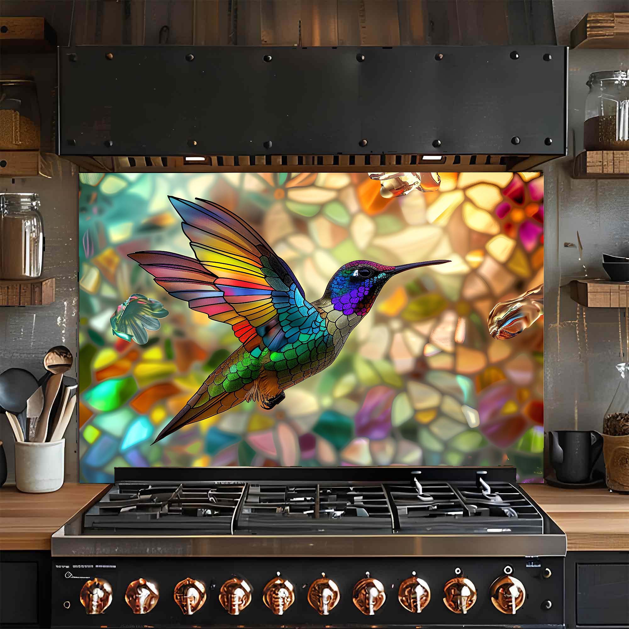 Hummingbird Harmony – Tempered Glass Kitchen Backsplash – Stained Glass Look Splashback