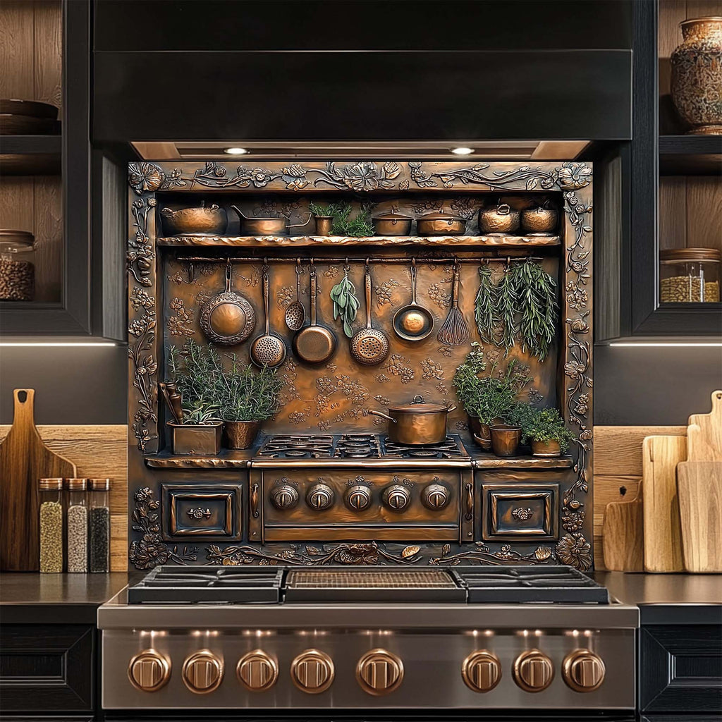 Herbal Charm – Tempered Glass Backsplash for Stove | Copper Look Glass Backsplash