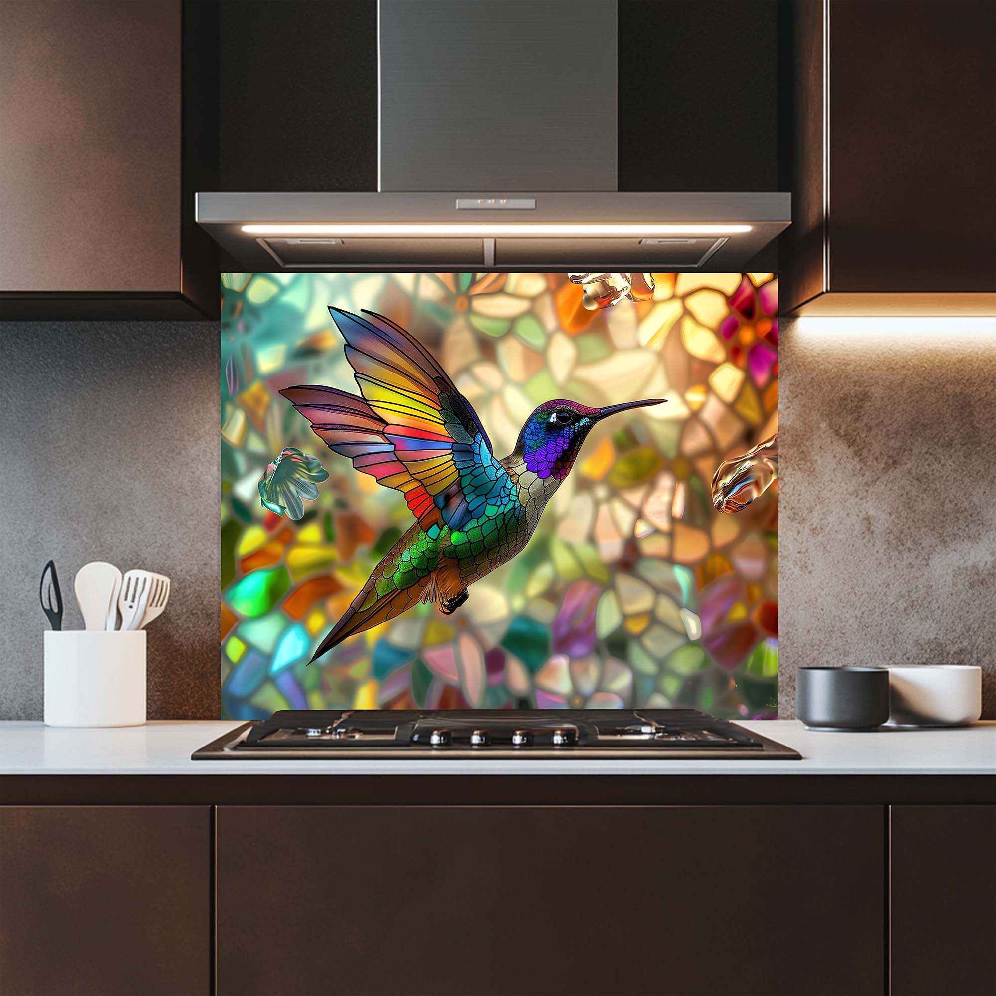 Hummingbird Harmony – Tempered Glass Kitchen Backsplash – Stained Glass Look Splashback