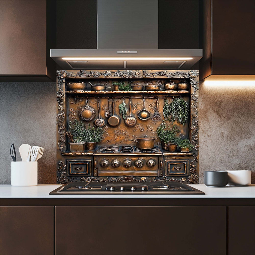 Herbal Charm – Tempered Glass Backsplash for Stove | Copper Look Glass Backsplash