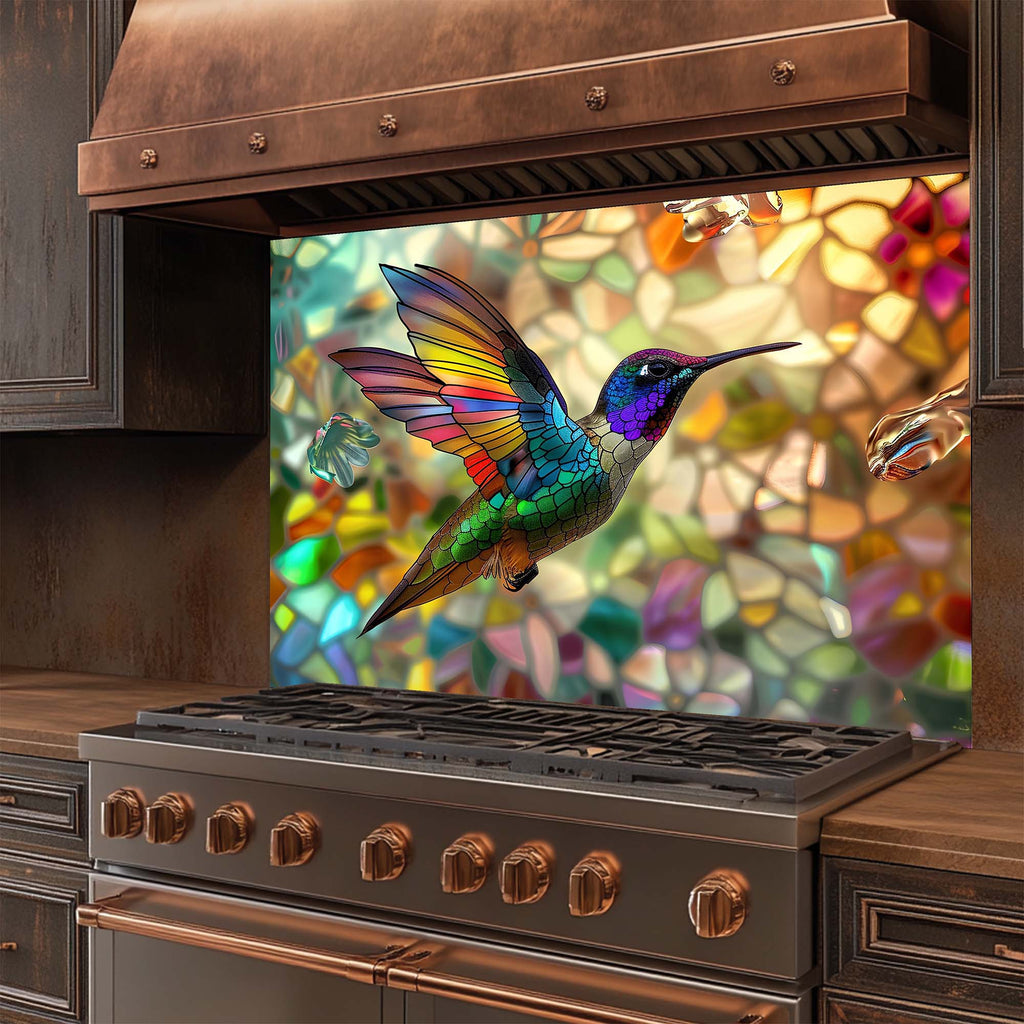 Hummingbird Harmony – Tempered Glass Kitchen Backsplash – Stained Glass Look Splashback