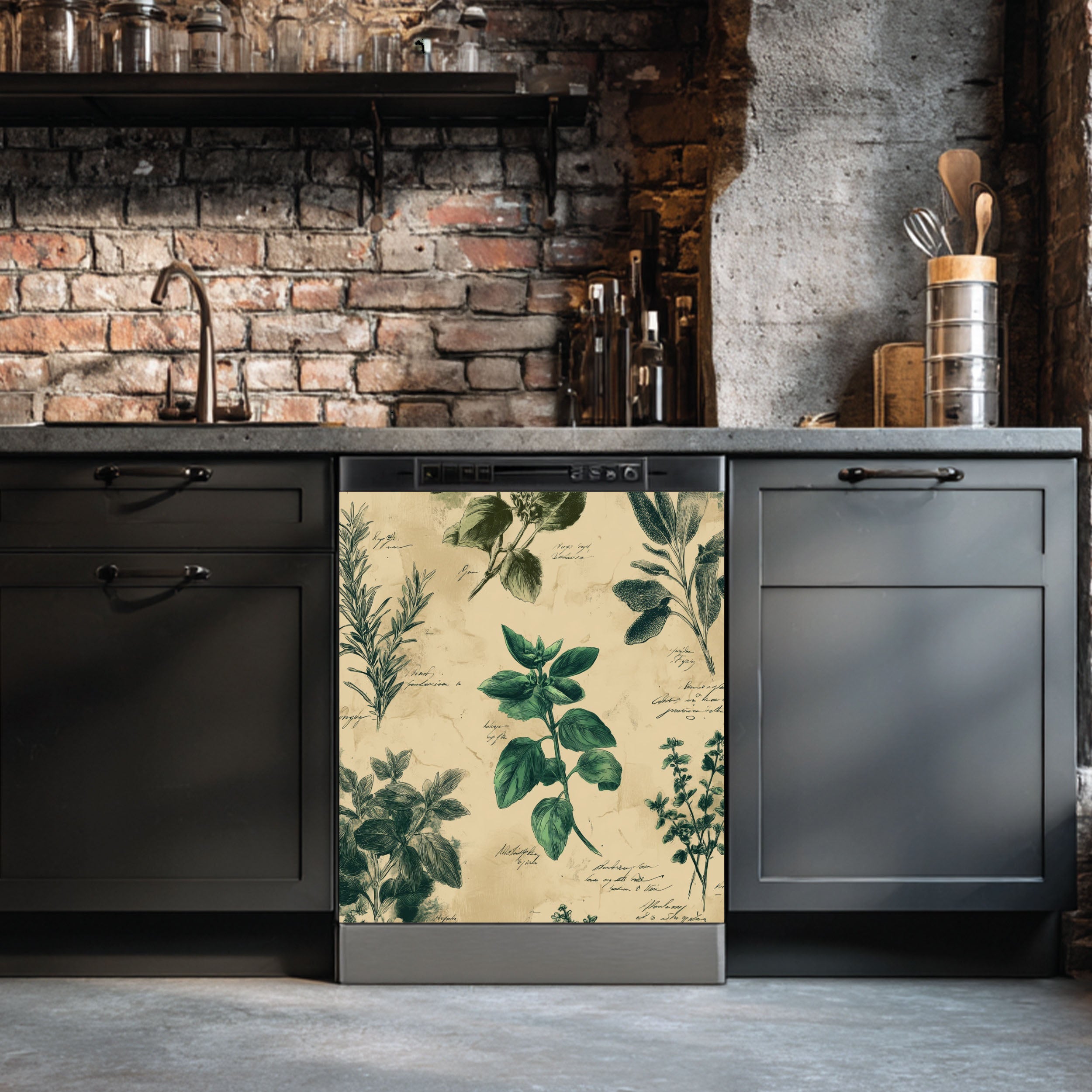 Vintage Herb Dishwasher Magnet Cover – Botanical Kitchen Appliance Wrap