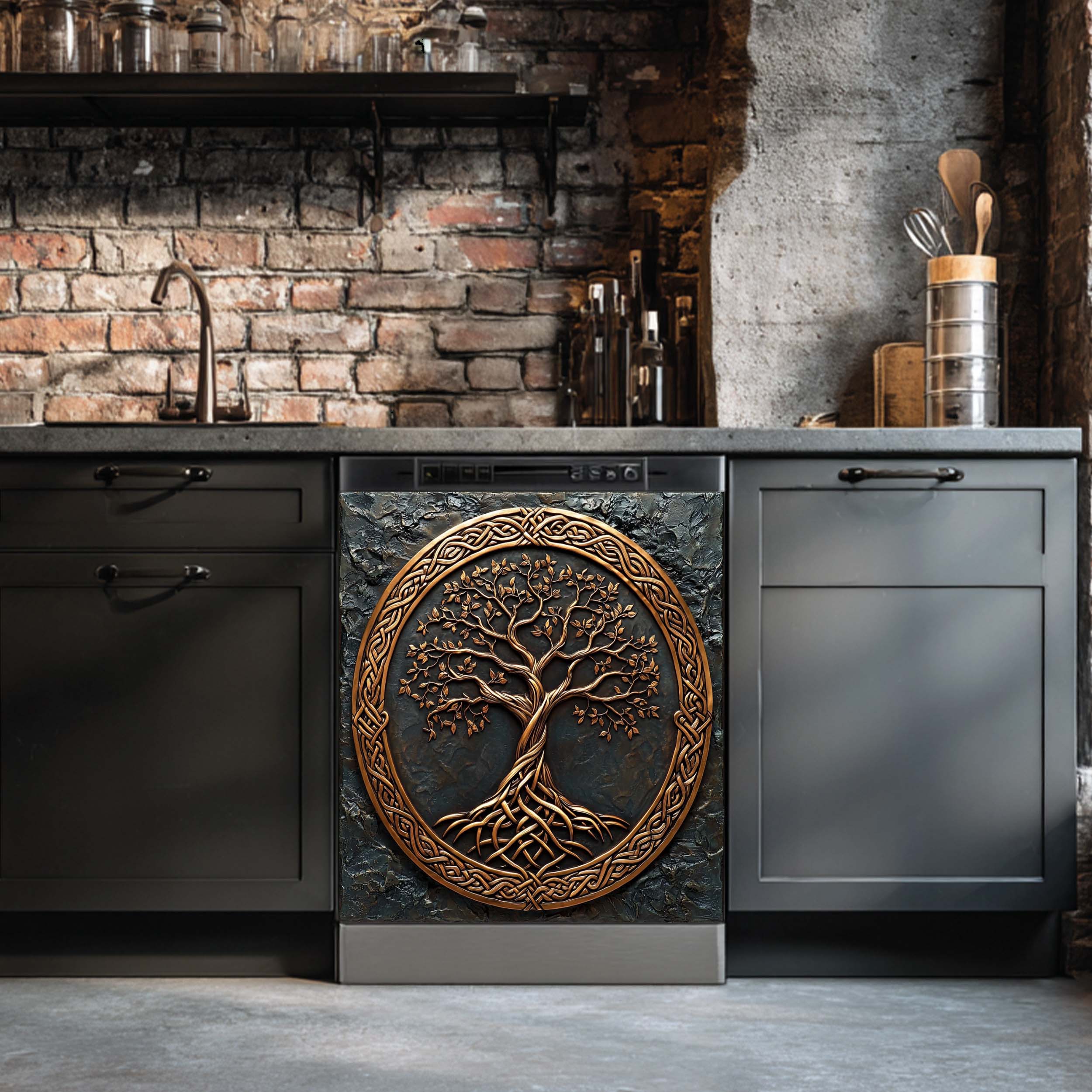 Bronze Roots Dishwasher Magnet Cover – Celtic Tree of Life Magnetic Refrigerator Wrap