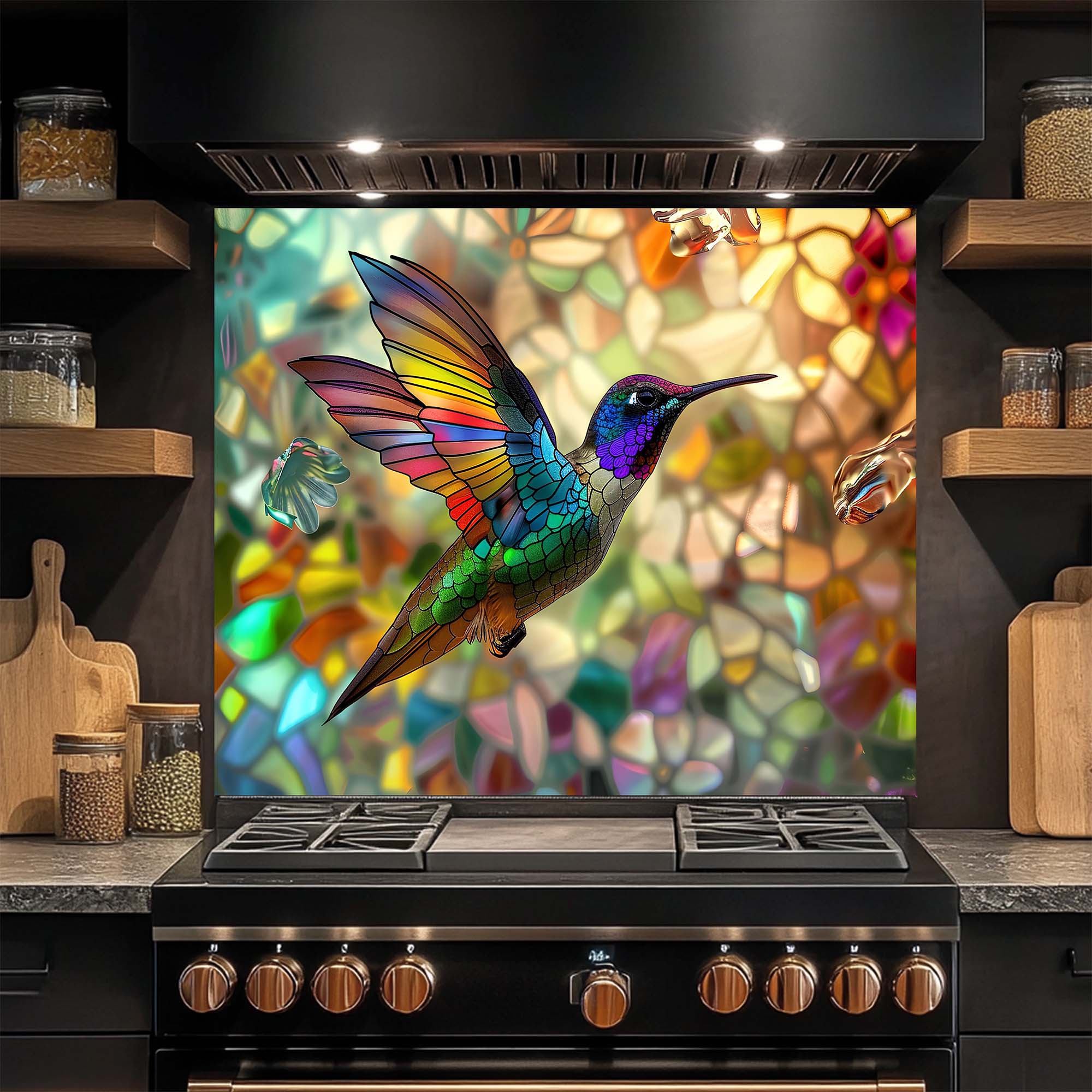 Hummingbird Harmony – Tempered Glass Kitchen Backsplash – Stained Glass Look Splashback