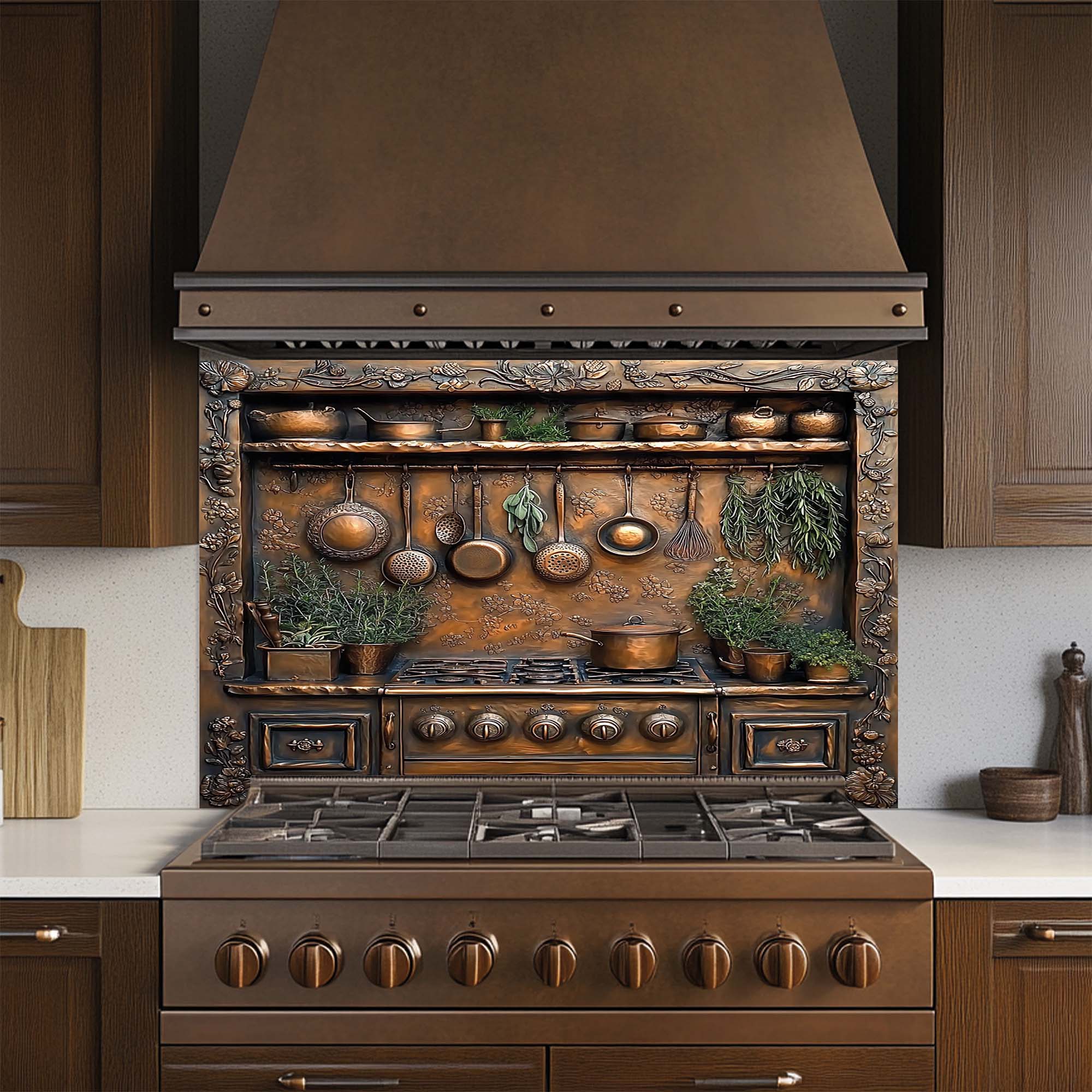 Herbal Charm – Tempered Glass Backsplash for Stove | Copper Look Glass Backsplash