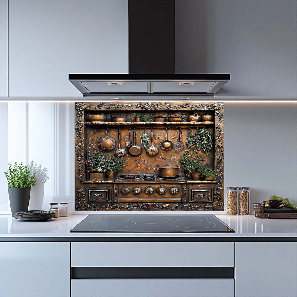 Herbal Charm – Tempered Glass Backsplash for Stove | Copper Look Glass Backsplash