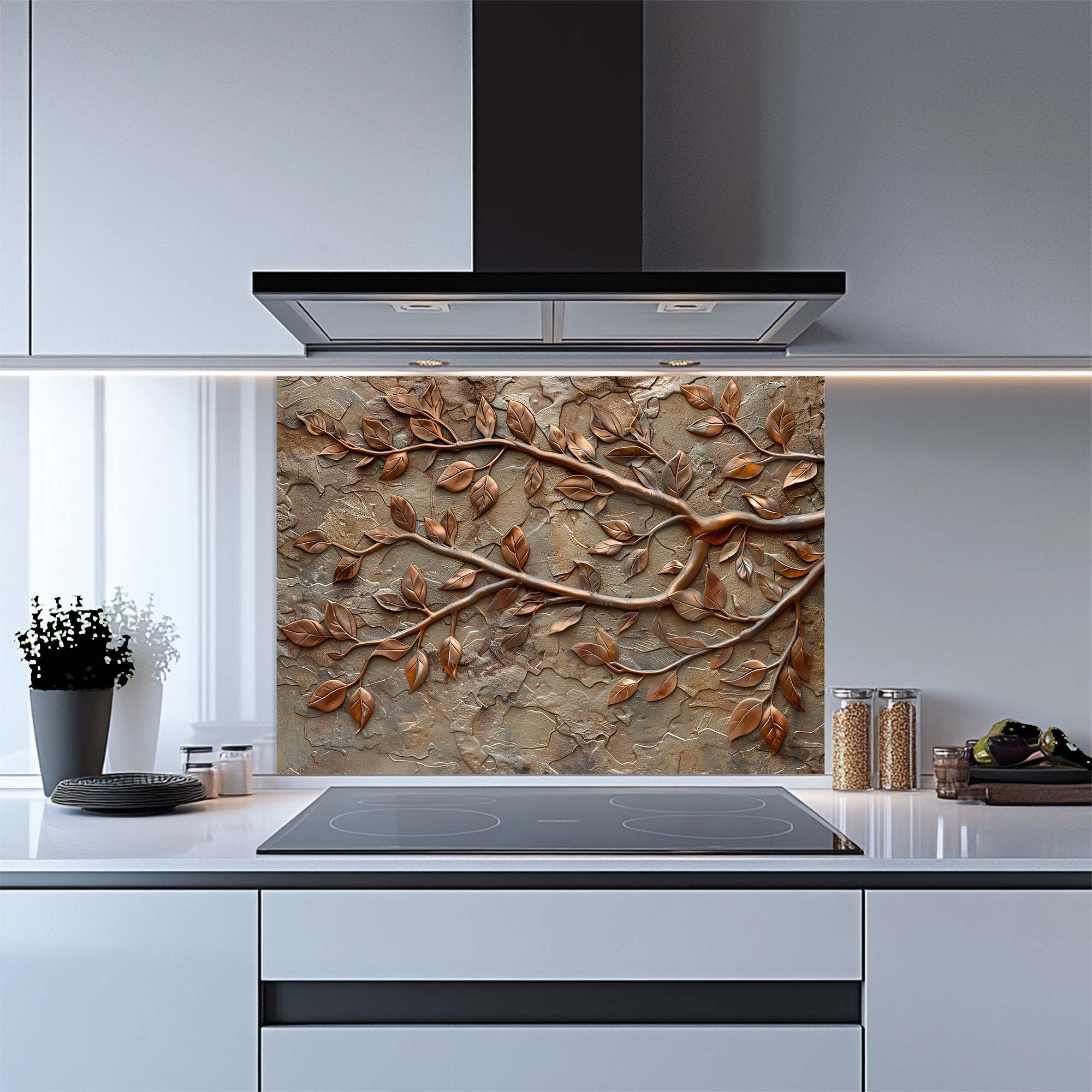 Copper Vine – Tempered Glass Backsplash for Kitchen – Copper Look Glass Backsplash