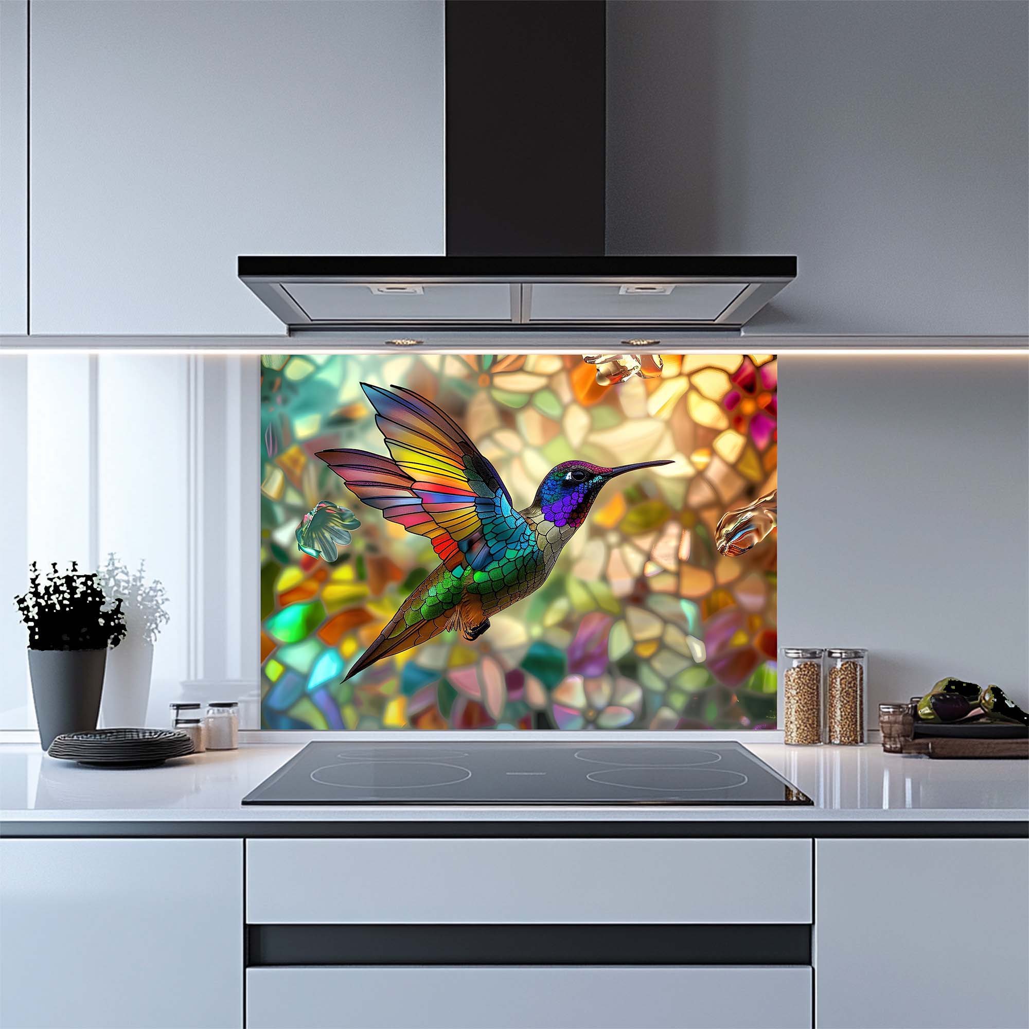 Hummingbird Harmony – Tempered Glass Kitchen Backsplash – Stained Glass Look Splashback